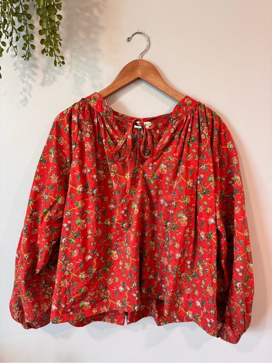 RHODE Tops - RHODE Red Floral Peasant Blouse with Tie Neck Size M